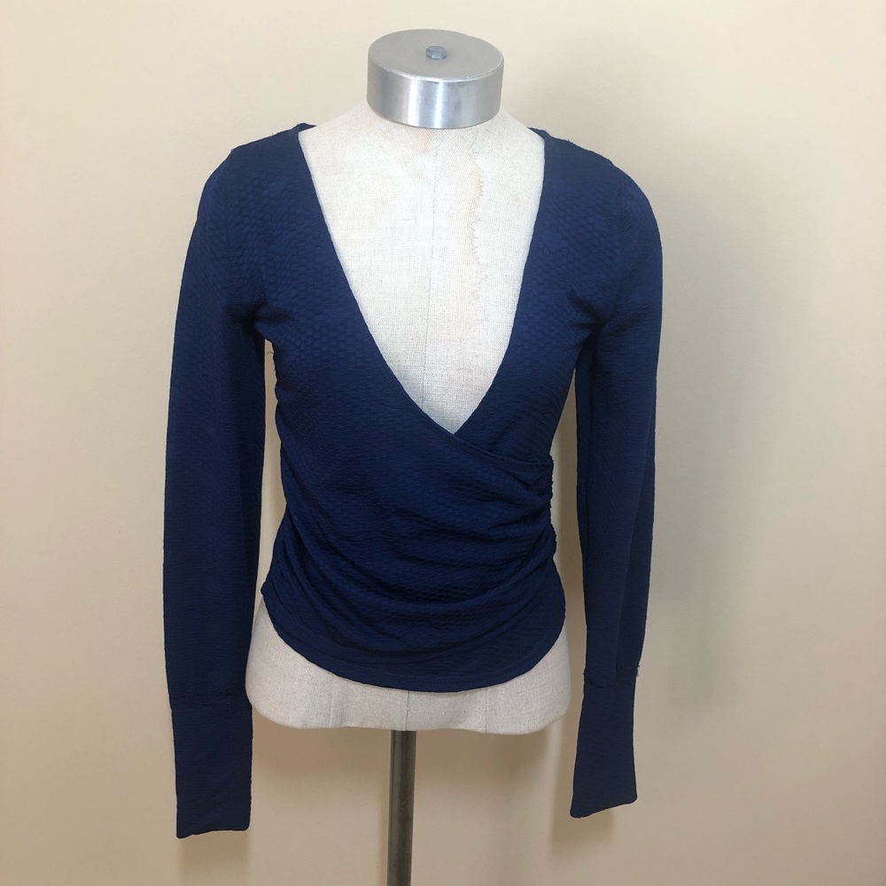 Free People Penny Plunge Neck Textured Top Ink Combo Long Sleeve